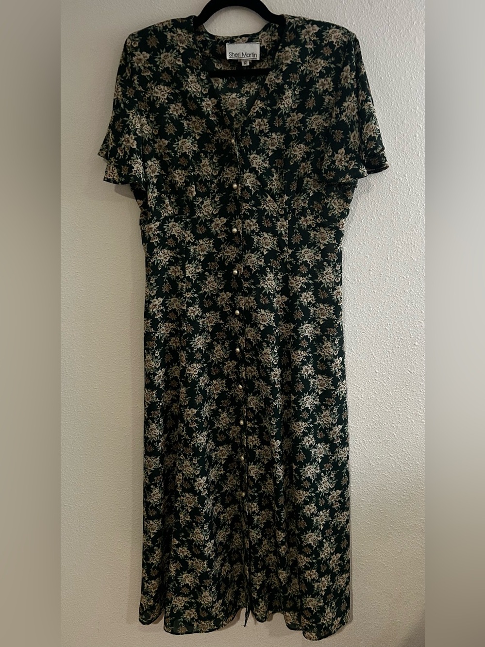 Sheri Martin Forest Green Floral Button-Front Midi Dress
